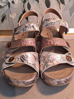 L'Artiste Spring Step Prosperity Grym Floral Metallic Leather Cork Wedge Sandals